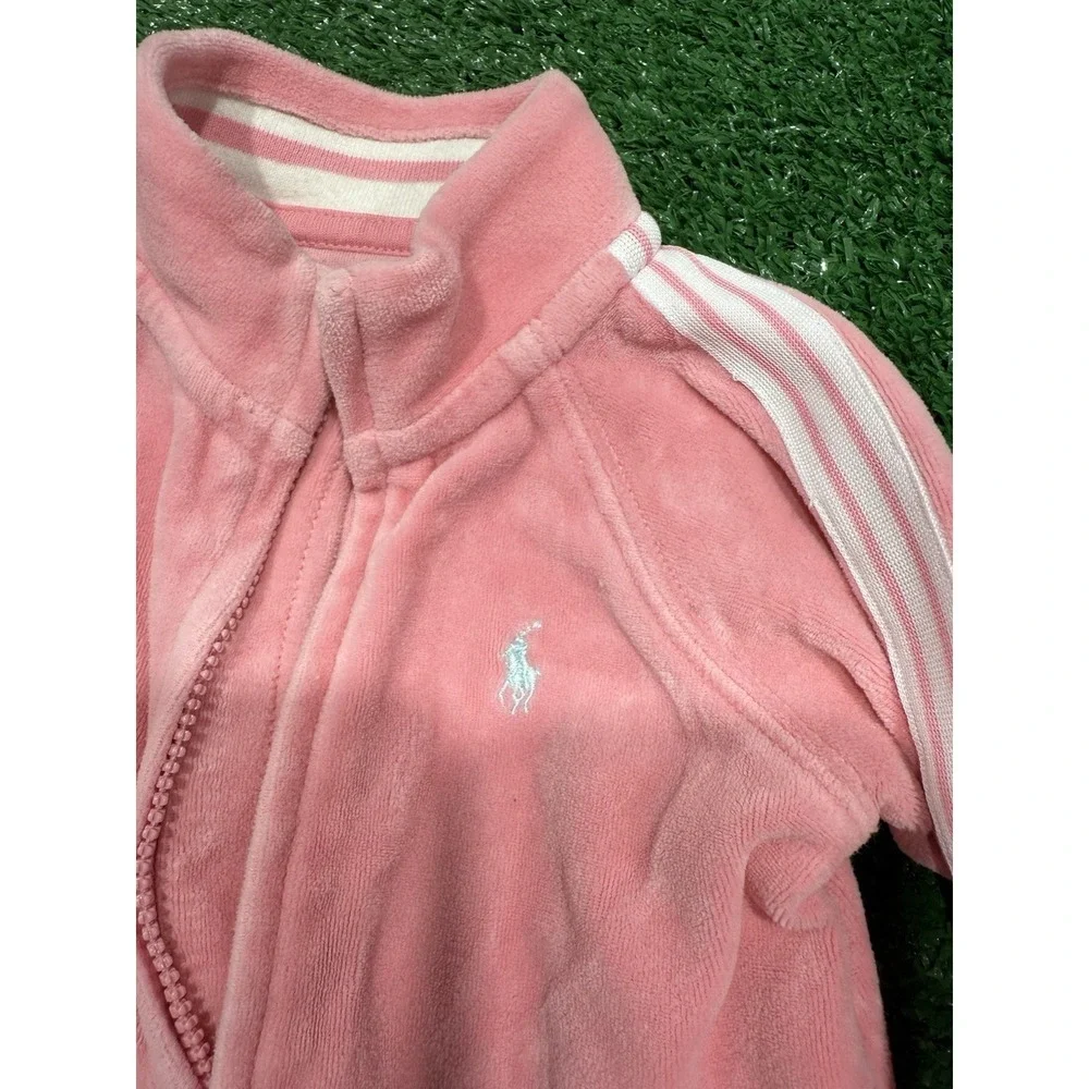 Ralph Lauren Baby Girl Track Suit 2 Piece 12m Pink Velour Hoodie Pants Pony Y2K